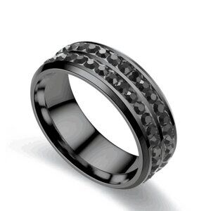 3/$35 Double Row Black Stainless Steel Band Ring Diamond Cubic Zirconia Jewelry